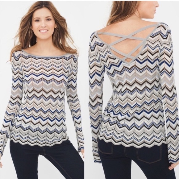 White House Black Market ZigZag Cross-Back White, Blue, Gray Sweater in Medium - Picture 1 of 16